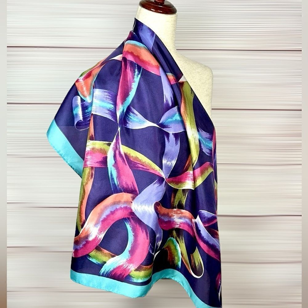 Alexander Julian Silk Scarf Scrolling Ribbons Plum Turquoise Hand Rolled